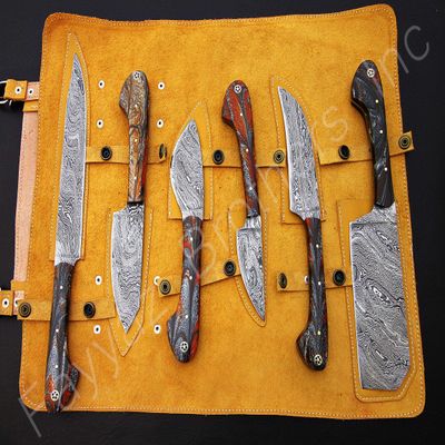 FB LEATHER CRAFTS Custom Made Damascus Steel Kitchen Knife 6-Pcs Set FBK-01011, 01021, 01040, 01071, 01083, 01084, 01085 and 01135 (Multi Colors Resin)