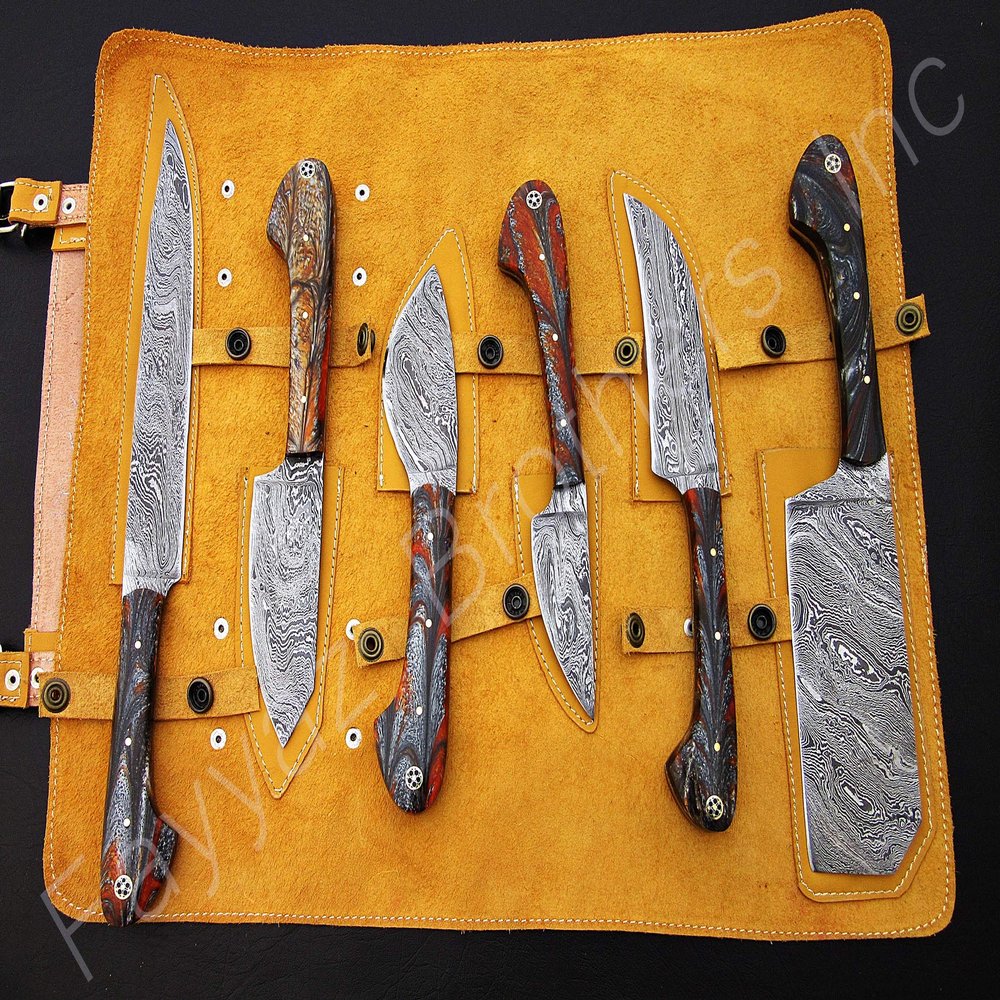 FB LEATHER CRAFTS Custom Made Damascus Steel Kitchen Knife 6-Pcs Set FBK-01011, 01021, 01040, 01071, 01083, 01084, 01085 and 01135 (Multi Colors Resin)