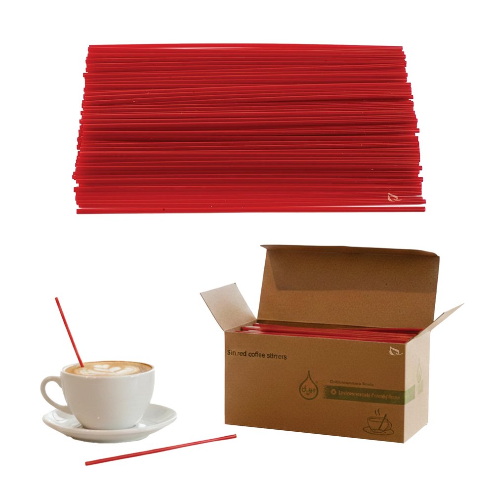 [9000 PACK] 8 Inch Compostable Plastic Stirrer, Bio Degradable, Eco Friendly, Sip Stirrer, Bar Stirrer, Sip Straw, For Coffee, Cocktail, Latte and Tea - 8 Inches, 1000/Box, Red