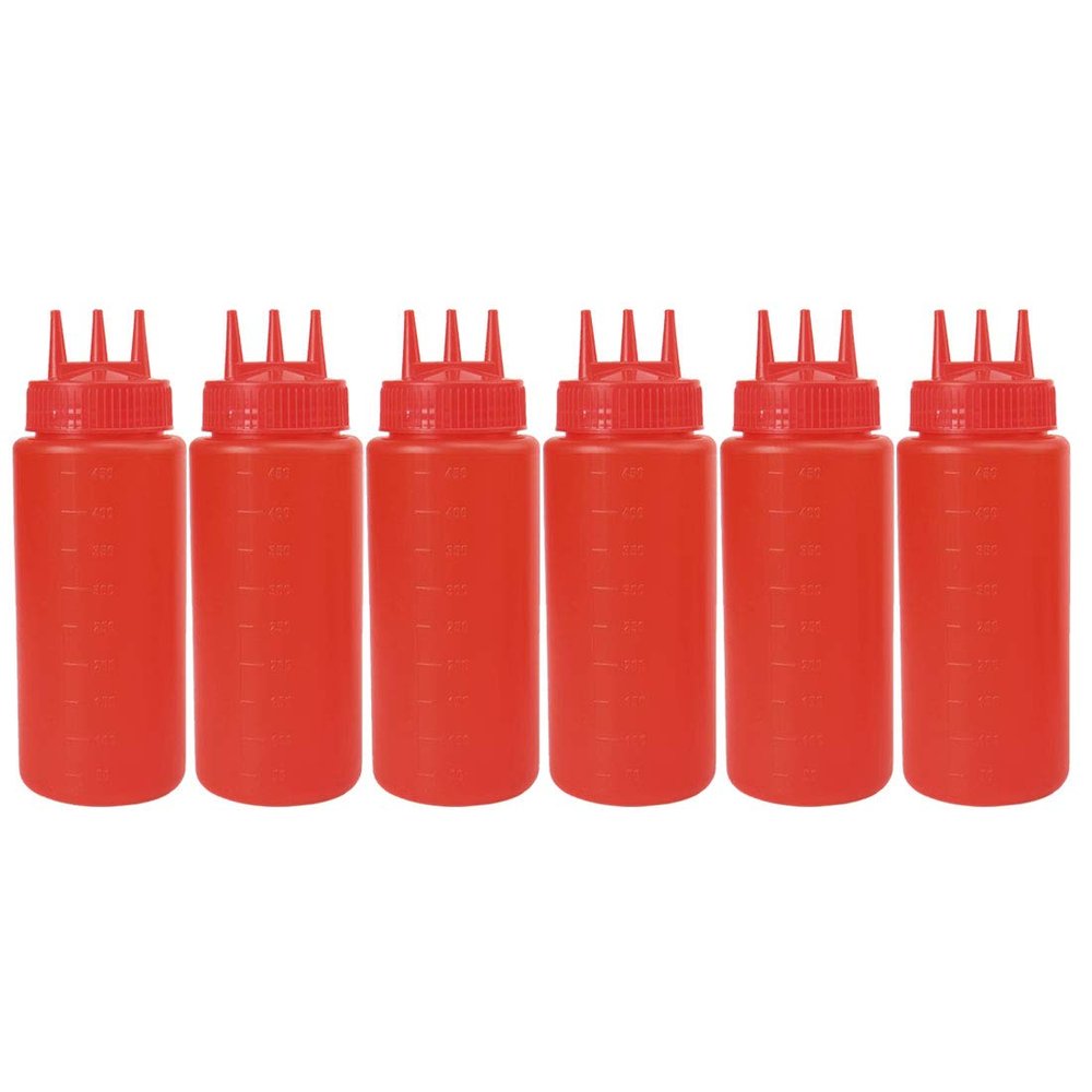 uxcell 6pcs 16 OZ Plastic Three Hole Condiment Squeeze Bottles Perfect for Cooking Salad Ketchup BBQ Syrup Condiments Dispenser Red
