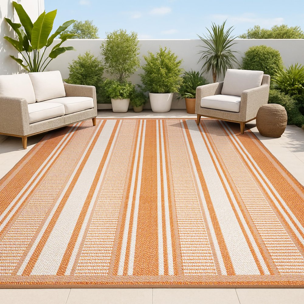 JONATHAN Y Double Stripe Indoor Outdoor Area Rug 4X6 Orange/Cream, Haynes Modern for Backyard, Patio, Porch, Easy-Cleaning, High Traffic, Pet-Friendly, Non-Shedding (SMB202C-4)