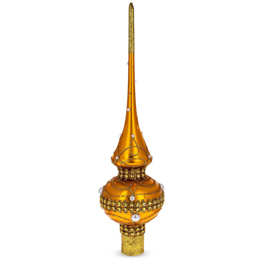 Golden Jewels and White Pearls on Gold Glass Christmas Tree Topper 11 Inches