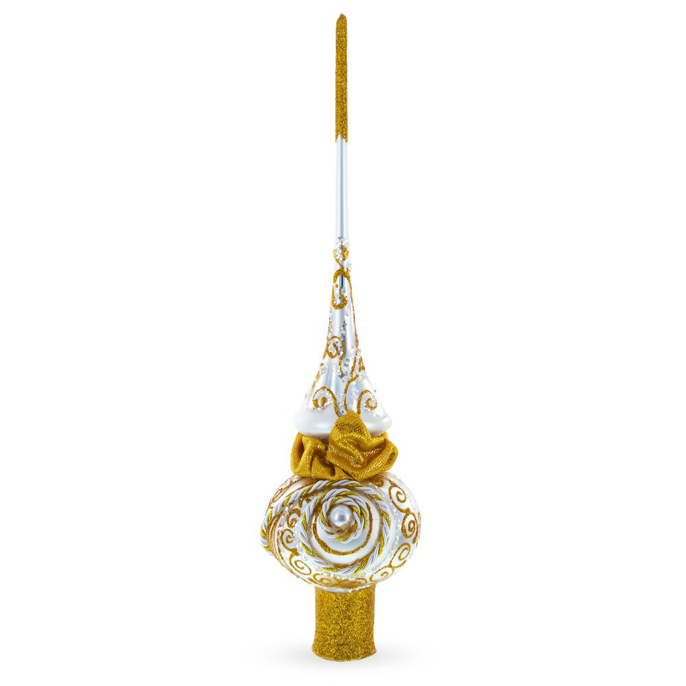 Golden Twisted Rope and Bow on White Glass Christmas Tree Topper 11 Inches