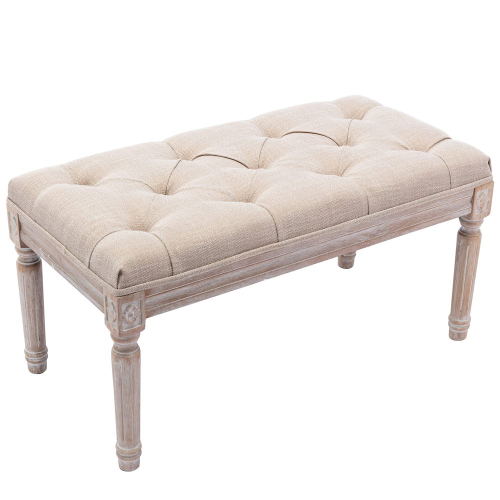 chairus Fabric Entryway Bench with Button Tufted Seat and Rustic Wood Legs, Vintage Bedroom Bench End of Bed, Padded Extra Seating Bench for Living Room Office Studio Hallway, Beige