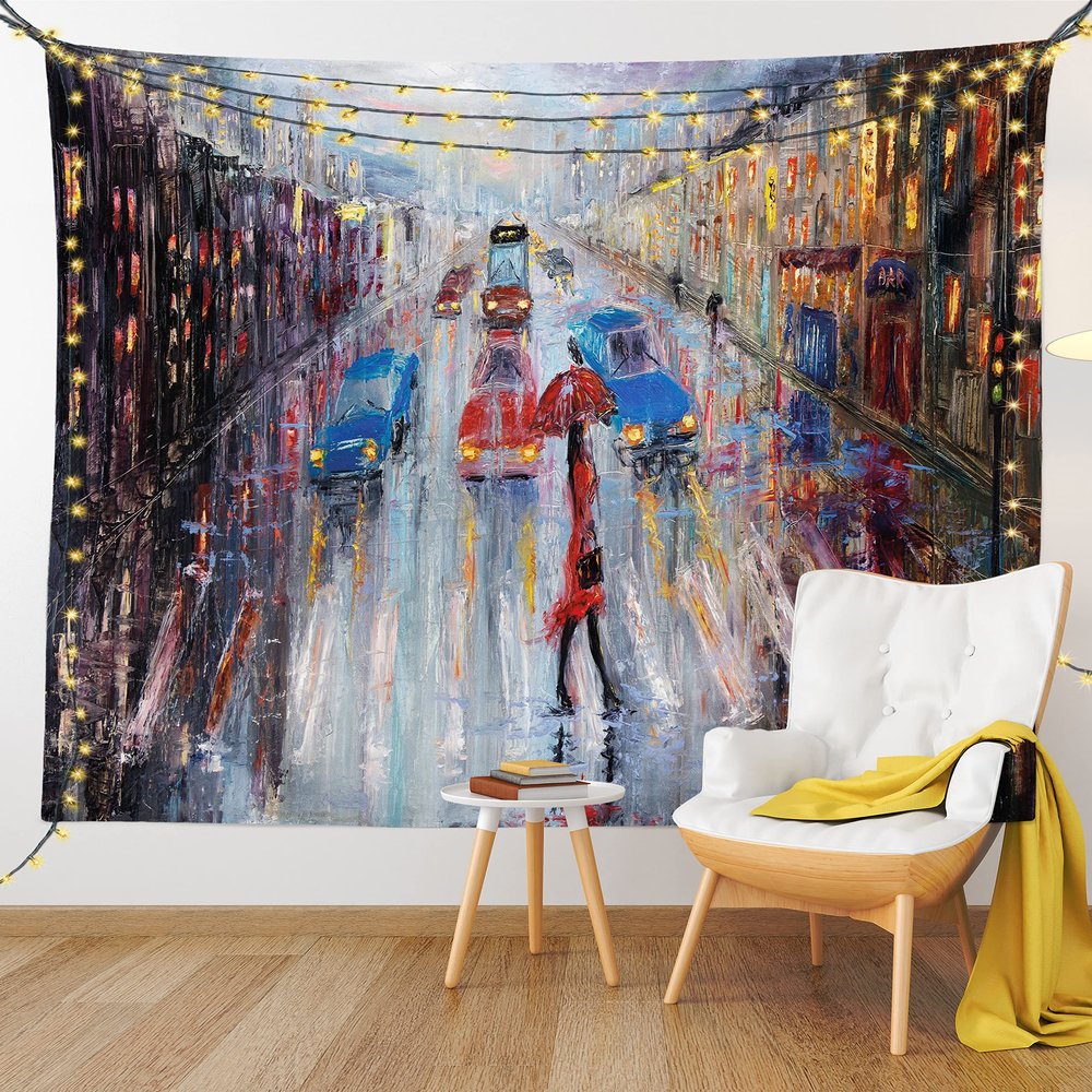 Ambesonne Oil Painting Tapestry King Size, Young Woman with Umbrella Crossing City Street in Rain Modern Impressionism, Wall Hanging Bedspread Bed Cover Wall Decor, 104" X 88", Grey Red