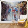 Ambesonne Oil Painting Tapestry King Size, Young Woman with Umbrella Crossing City Street in Rain Modern Impressionism, Wall Hanging Bedspread Bed Cover Wall Decor, 104" X 88", Grey Red view 1