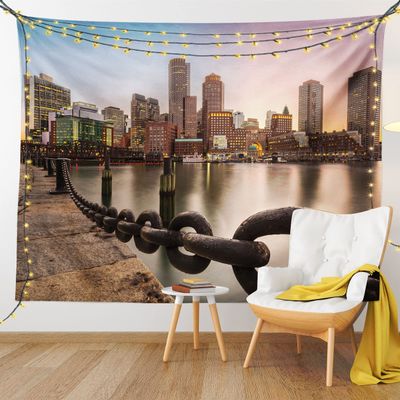 Ambesonne Massachusetts Tapestry King Size, Fan Pier Park with Boston City Skyline Modern Urban Life Themed Design Print, Wall Hanging Bedspread Bed Cover Wall Decor, 104" X 88", Multicolor