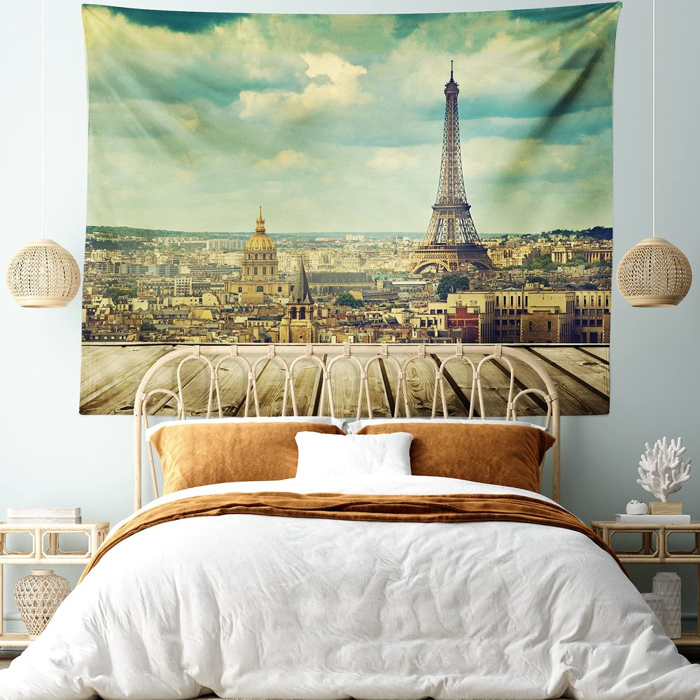 Ambesonne Eiffel Tower Tapestry King Size, Paris Cityscape France Scene View from a Wooden Deck Table Urban Life Classic, Wall Hanging Bedspread Bed Cover Wall Decor, 104" X 88", Teal Brown