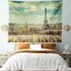 Ambesonne Eiffel Tower Tapestry King Size, Paris Cityscape France Scene View from a Wooden Deck Table Urban Life Classic, Wall Hanging Bedspread Bed Cover Wall Decor, 104" X 88", Teal Brown view 1