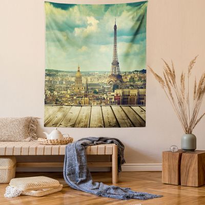 Ambesonne Eiffel Tower Tapestry Twin Size, Paris Cityscape France Scene View from a Wooden Deck Table Urban Life Classic, Wall Hanging Bedspread Bed Cover Wall Decor, 68" X 88", Teal Brown