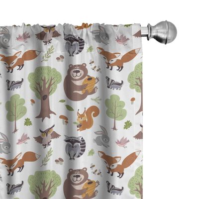 Ambesonne Forest Window Curtains, Doodle Woodland Creatures as Honey Bear Rabbit Fox and Raccoon in Nature Habitat, Lightweight Decor 2-Panel Set with Rod Pocket, Pair of - 28" x 95", Green Brown
