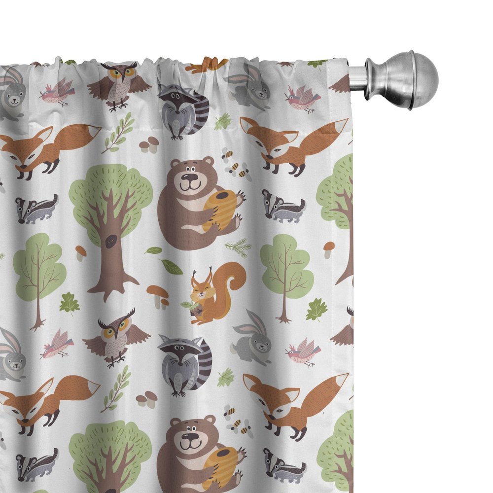 Ambesonne Forest Window Curtains, Doodle Woodland Creatures as Honey Bear Rabbit Fox and Raccoon in Nature Habitat, Lightweight Decor 2-Panel Set with Rod Pocket, Pair of - 28" x 95", Green Brown