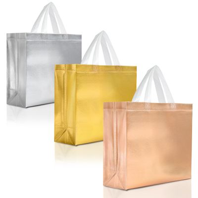 Nush Nush 15 Gift Bags Luxury Mix Color Set - Rose Gold, Silver, Gold Reusable Gift Bags With White Handles for Christmas, Goodie, Birthday - 13Wx5Dx11H Size