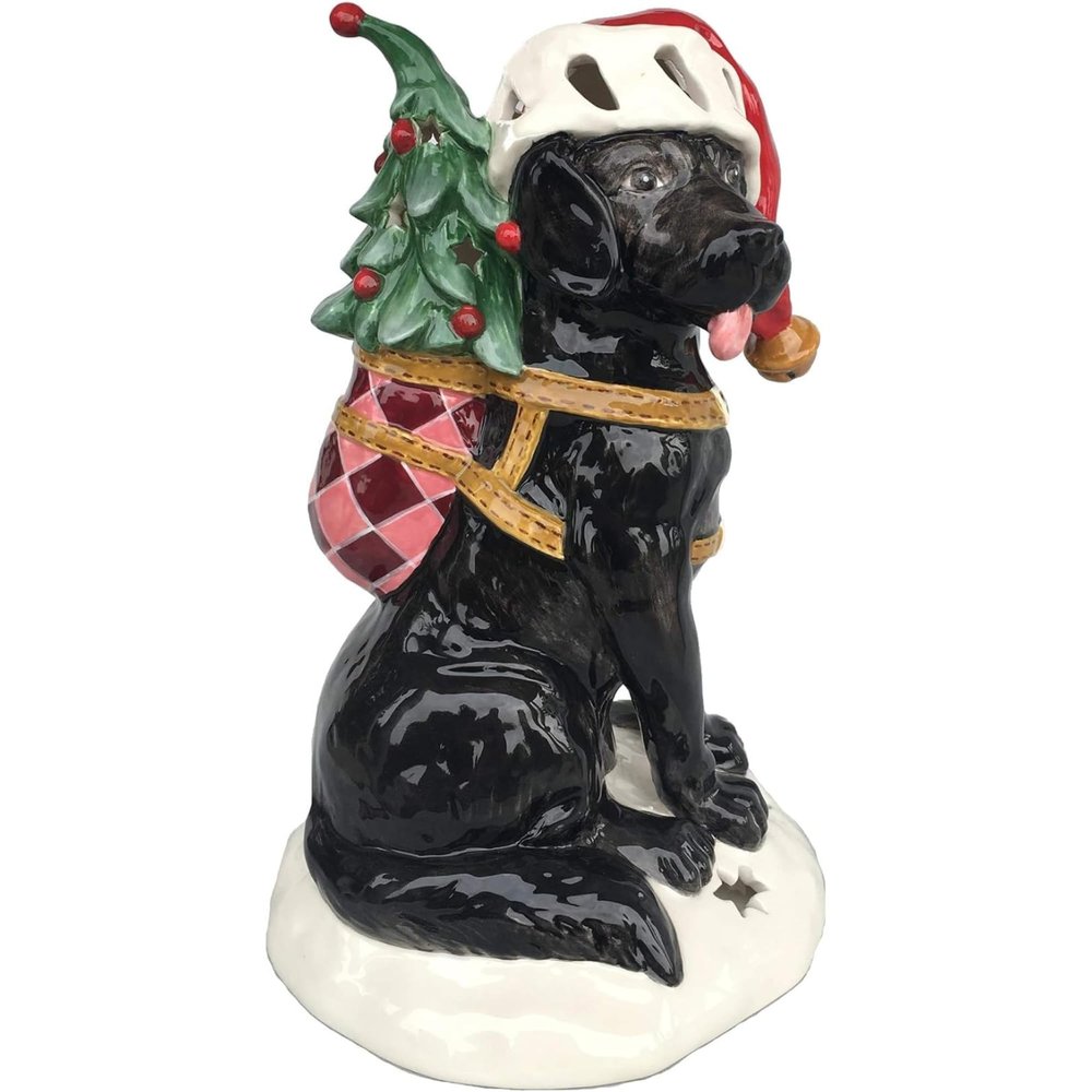 Blue Sky Clayworks Black Labrador Retriever Santa Tealight Holder 10.5" H