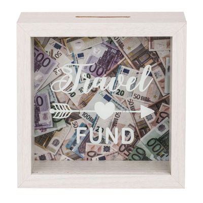 Out of the blue White Wooden Money Box, Travel Fund, Approx. 15 x 15 cm