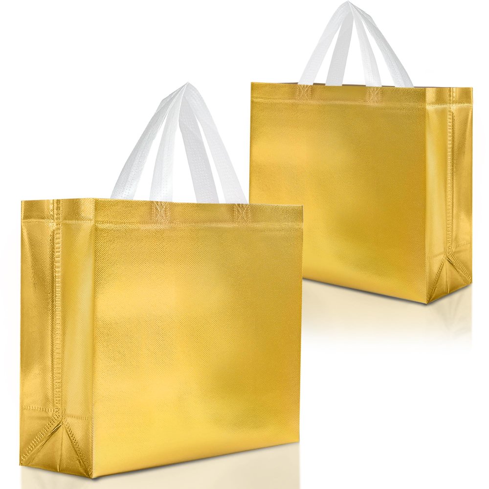 Nush Nush Large Gold Reusable Gift Bags With Handles - Set of 15, Bulk, Christmas, Birthday, Party Favor Bags - 13Wx5Dx11H
