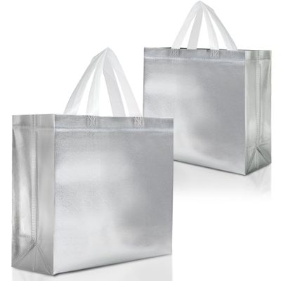 Nush Nush Silver Gift Bags Large Size - Set of 15 Reusable With White Handles - Perfect for Christmas, Goodie, Birthday, Party Favor - 13Wx5Dx11H