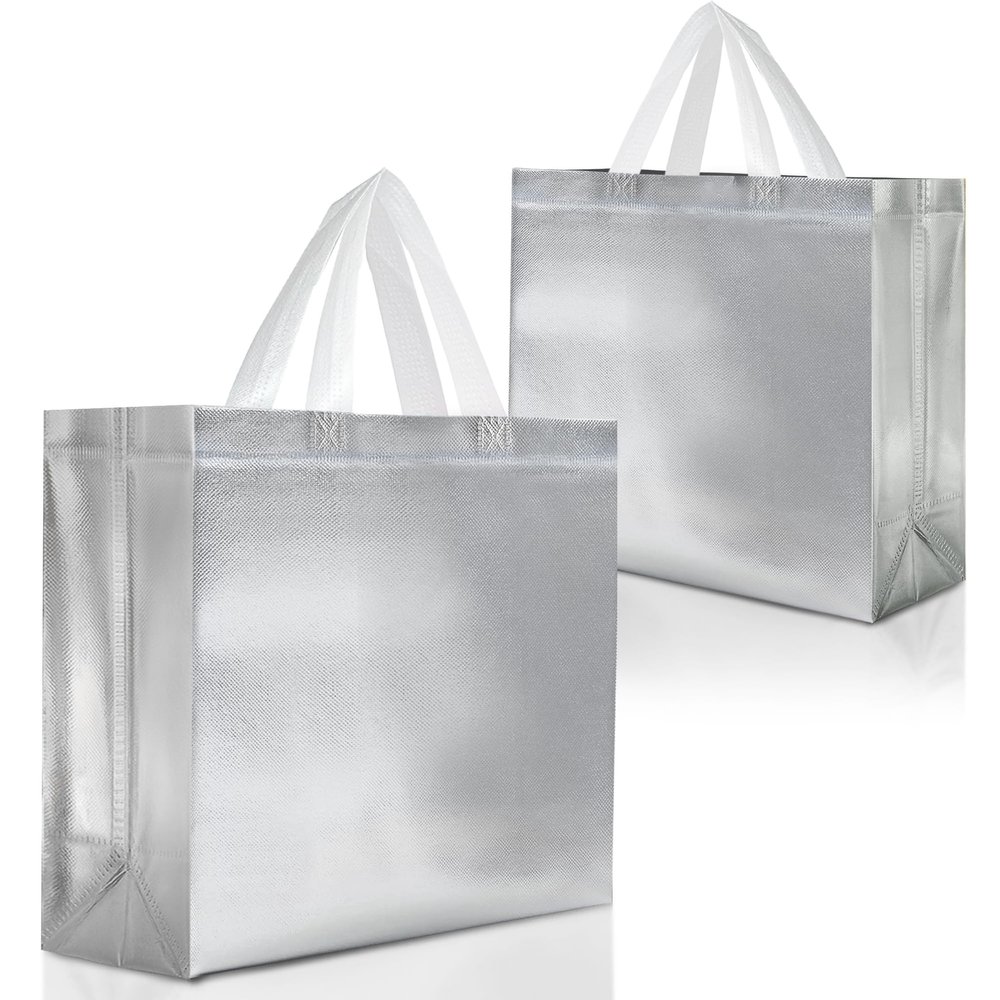 Nush Nush Silver Gift Bags Large Size - Set of 15 Reusable With White Handles - Perfect for Christmas, Goodie, Birthday, Party Favor - 13Wx5Dx11H