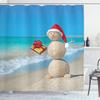 Ambesonne Christmas Shower Curtain, Sand Snowman with Santa Hat and Present Tropical Beach Australian Noel, Cloth Fabric Bathroom Decor Set with Hooks, 69" W x 75" L, Blue and Vermilion view 1