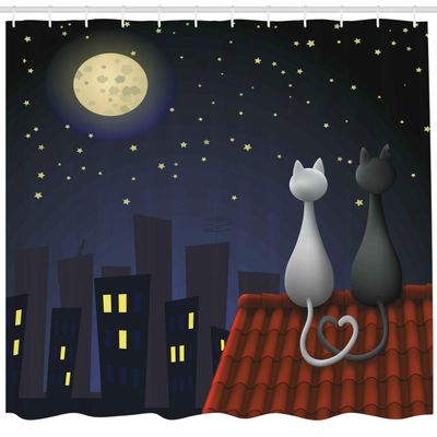 Ambesonne Animal Shower Curtain, Cats on The Roof Couple Valentines Animal Kitten Kitty Night Full Moon Starry Sky, Cloth Fabric Bathroom Decor Set with Hooks, 69" W x 84" L, Yellow Grey