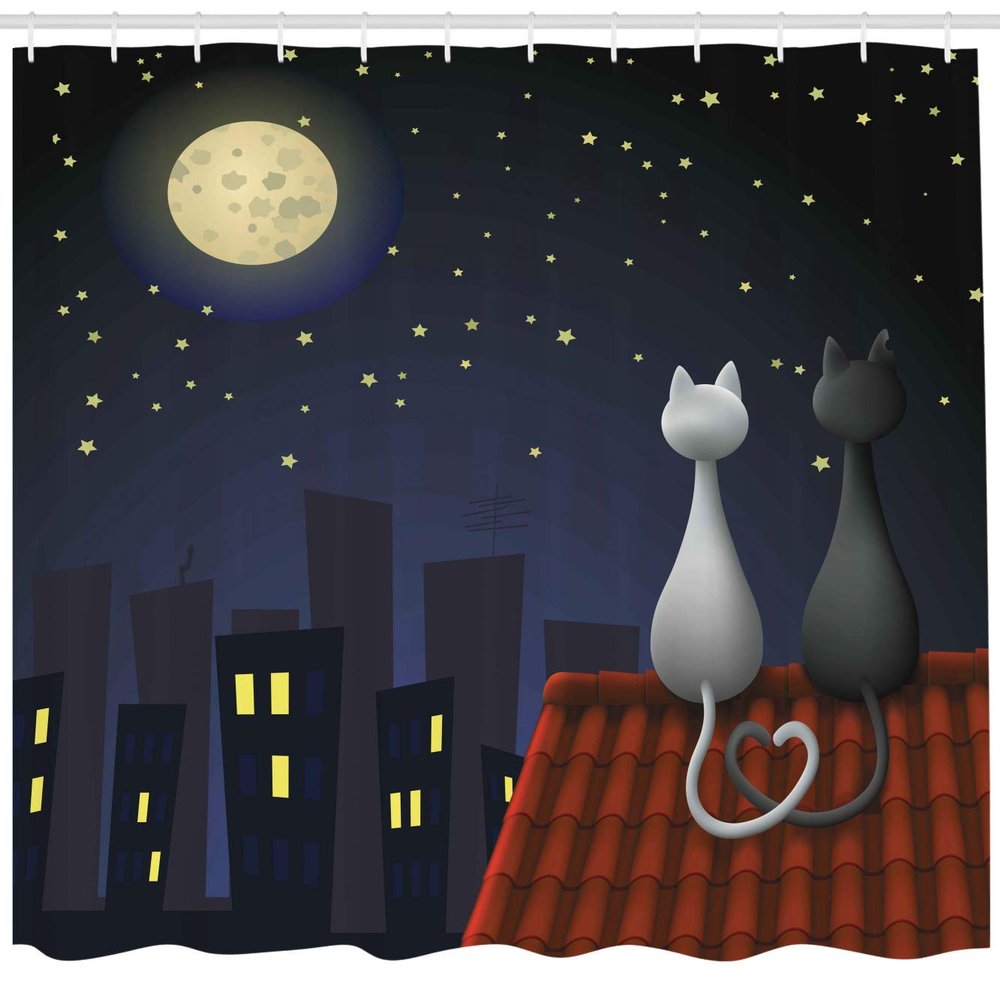 Ambesonne Animal Shower Curtain, Cats on The Roof Couple Valentines Animal Kitten Kitty Night Full Moon Starry Sky, Cloth Fabric Bathroom Decor Set with Hooks, 69" W x 84" L, Yellow Grey