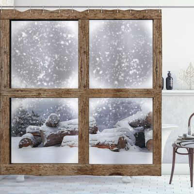 Ambesonne Winter Shower Curtain, Rustic Snowy Frame Window View Print Mountain House Cold Christmas Day Picture, Cloth Fabric Bathroom Decor Set with Hooks, 69" W x 84" L, White and Khaki