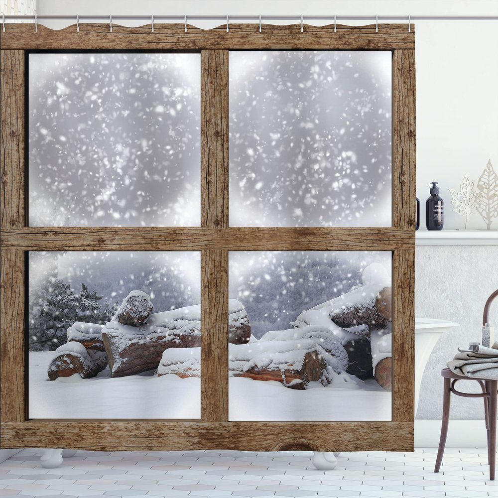 Ambesonne Winter Shower Curtain, Rustic Snowy Frame Window View Print Mountain House Cold Christmas Day Picture, Cloth Fabric Bathroom Decor Set with Hooks, 69" W x 84" L, White and Khaki