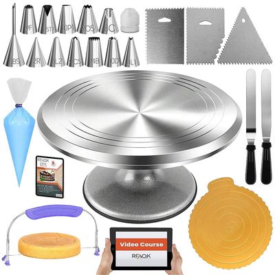 RFAQK 50PCs Cake Decorating Supplies Kit with 12" Aluminum Rotating Cake Turntable Stand, Professional Leveler, Straight & Offset Spatulas, 12 Numbered Icing Tips & Bags