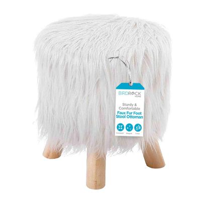 BIRDROCK HOME Faux Fur Foot Stool Ottoman  Upholstered Vanity Chair w/Natural Wood Legs - Soft Compact Padded Seat for Makeup Room, Living Room, Bedroom  Decorative Accent Furniture  White
