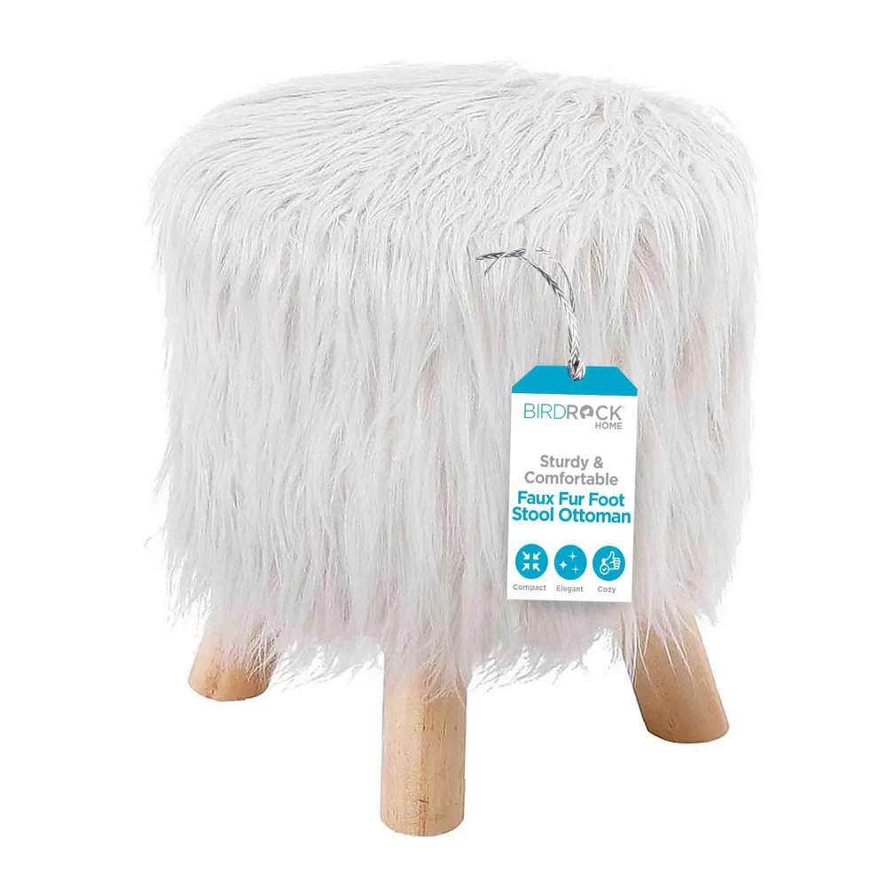 BIRDROCK HOME Faux Fur Foot Stool Ottoman  Upholstered Vanity Chair w/Natural Wood Legs - Soft Compact Padded Seat for Makeup Room, Living Room, Bedroom  Decorative Accent Furniture  White