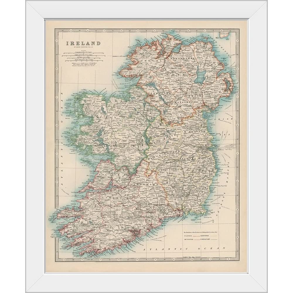 CANVAS ON DEMAND Johnston's Map of Ireland White Framed Art Print, Map Artwork