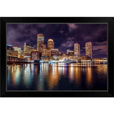 CANVAS ON DEMAND Boston City Skyline at Night Black Framed Art Print, Boston Artwork