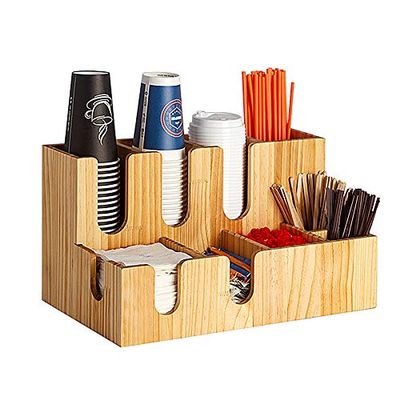 Countertop Coffee Condiment Organizer Cup Holder 9 Compartments, Arylic and Bamboo Wood Material, for Coffee Cup& Lid, Tea Bags and Sugar Packets, Etc,Bamboowood