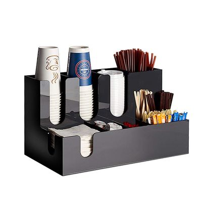 Countertop Coffee Condiment Organizer Cup Holder 9 Compartments, Arylic and Bamboo Wood Material, for Coffee Cup& Lid, Tea Bags and Sugar Packets, Etc,Acrylic