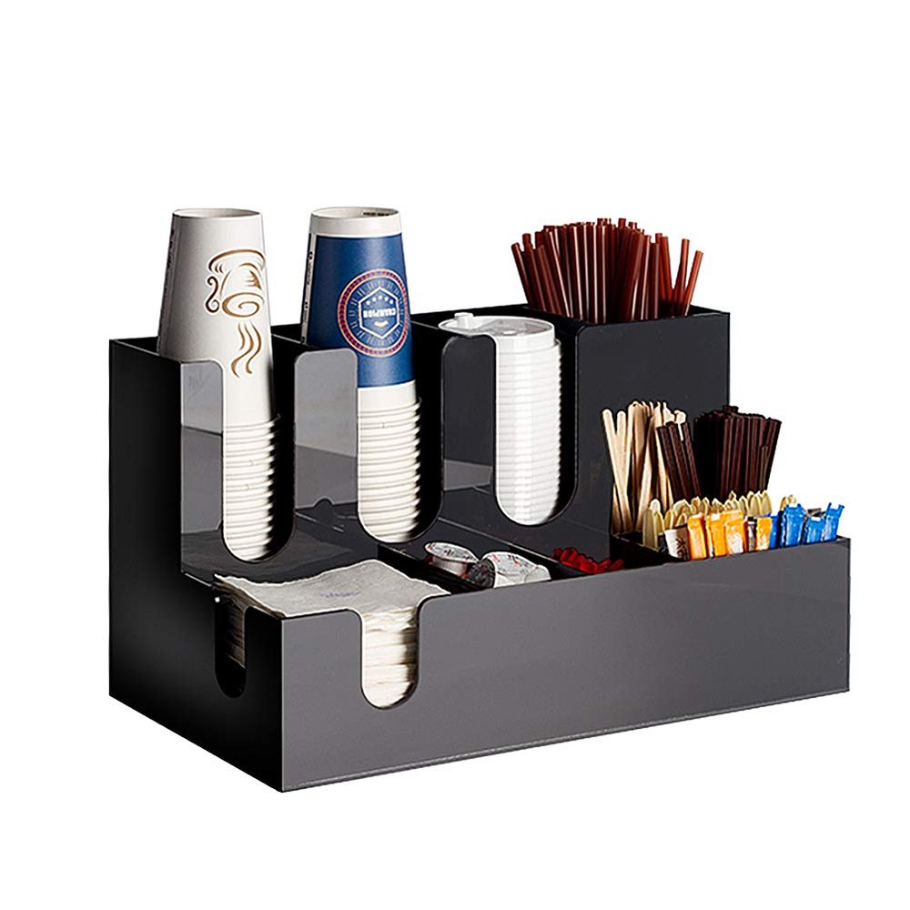 Countertop Coffee Condiment Organizer Cup Holder 9 Compartments, Arylic and Bamboo Wood Material, for Coffee Cup& Lid, Tea Bags and Sugar Packets, Etc,Acrylic