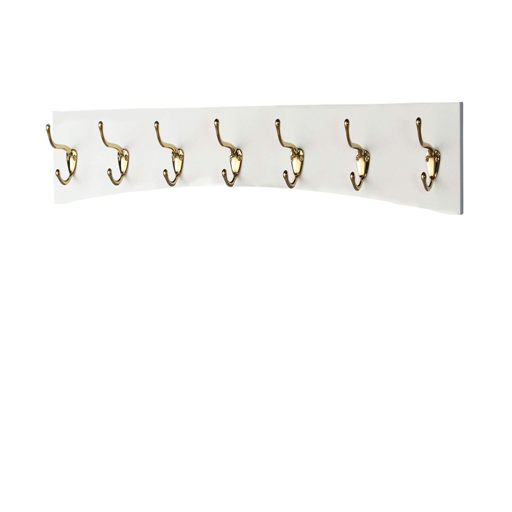PEG AND RAIL White Curved Wall Mounted Coat Rack with Solid Brass Hooks - Made in The USA (36" x 4.5" with 7 Hooks)