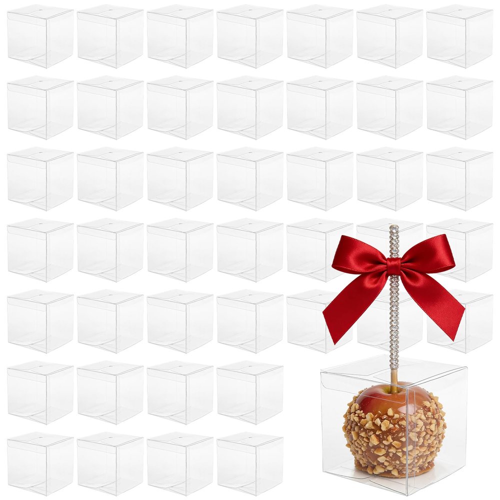 Yesland 50 PCS Candy Apple Box With Hole Top, Clear PET Gift Boxes for Caramel Apples, Ornament, Treats & Party Favors for Wedding, Party or Baby Shower - 4" x 4" x 4"