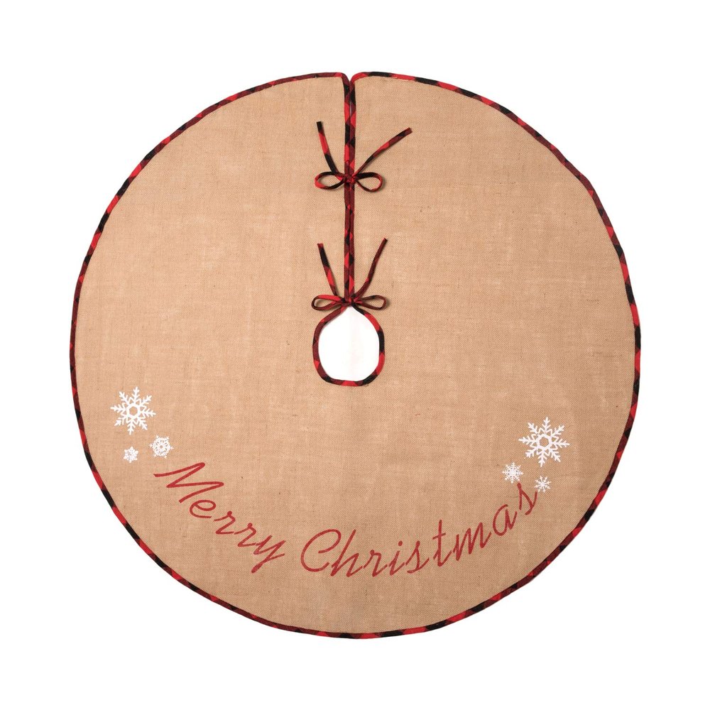 MACTING Christmas Tree Skirt 48 Inch Large Burlap Tree Mat with Red and Black Plaid Buffalo Edge Merry Christmas Printed for Country Holiday Indoor Home Party Xmas Tree Decorations