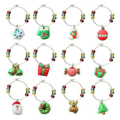 CNYMANY 12 pcs Wine Glass Charms, PVC Christmas Themed Goblet Drink Markers Tags with Buckle Design for Christmas Wine Cocktail Champagne Tasting Party Favors Supplies Gifts