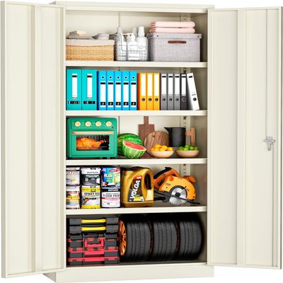 INTERGREAT Tall Metal Storage Cabinet Locking Steel with 4 Adjustable Shelves,72" Lockable Cabinets Lock 2 Doors for Office Garage Supply Home (Cream Gray)