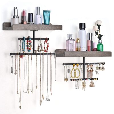 Keebofly Hanging Wall Mounted Jewelry Organizer with Rustic Wood Jewelry Holder Display for Necklaces Bracelet Earrings Ring Set of 2 Weathered Grey,[Patented]