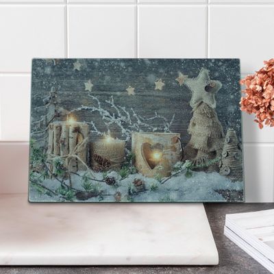 Ambesonne Christmas Cutting Board, Candle Winter Holiday Themed Arrangement with Snow and Fir Tree Leaves Print, Decorative Tempered Glass Cutting and Serving Board, Small Size, Khaki and Grey