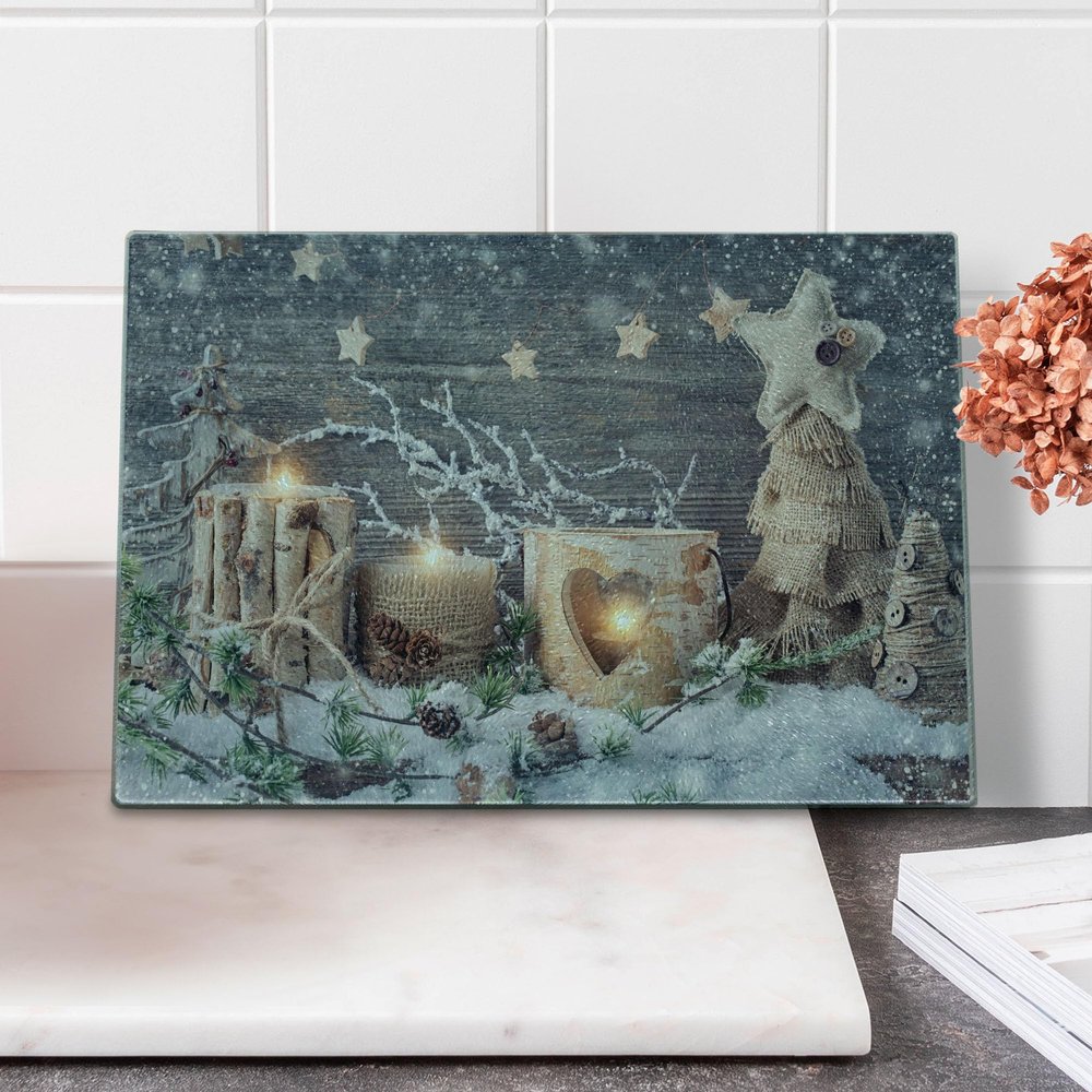 Ambesonne Christmas Cutting Board, Candle Winter Holiday Themed Arrangement with Snow and Fir Tree Leaves Print, Decorative Tempered Glass Cutting and Serving Board, Small Size, Khaki and Grey