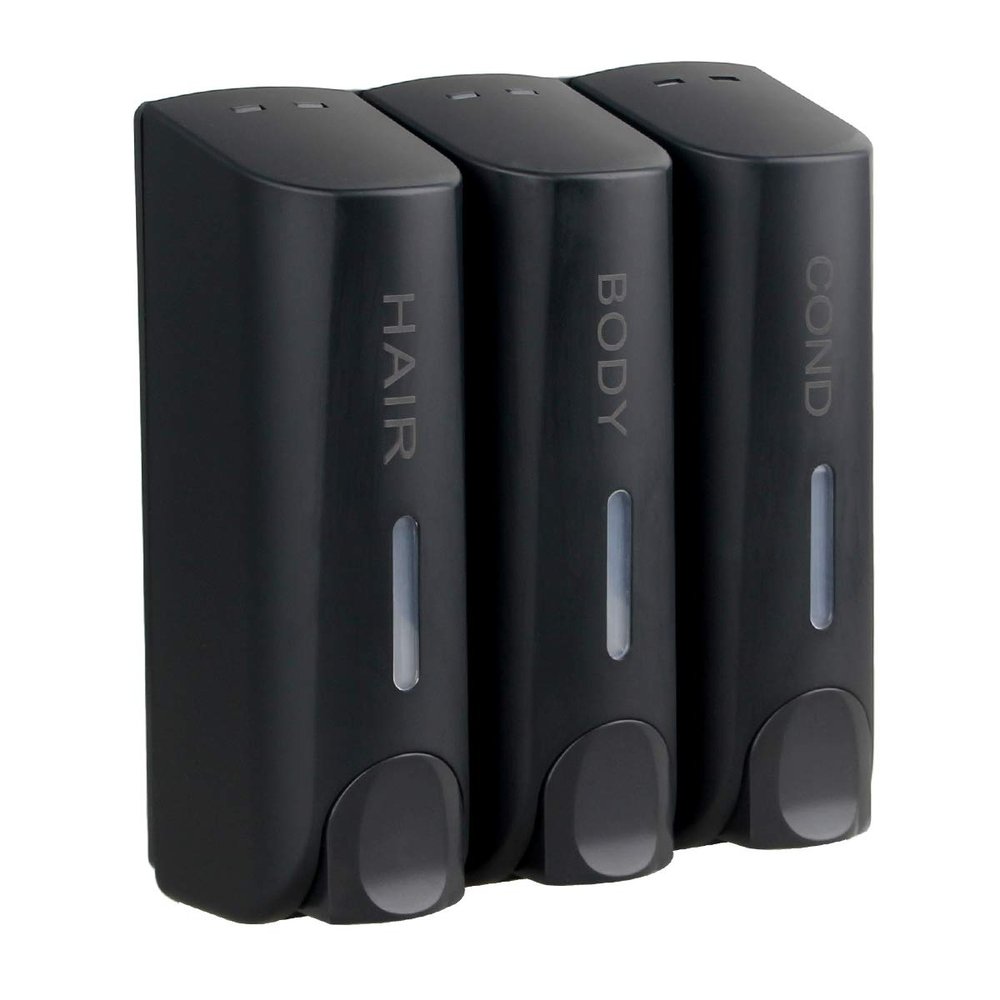 AUMIO Chamber Shower Soap Dispenser Trio Wall Mounted Shampoo and Conditioner Dispenser Set, No Drill for Bathroom Hotel, Black