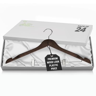 All Hung Up Hangers Wood Grain Premium Plastic Plastic Hanger with Clips - Space Saving Heavy Duty Non Slip Hangers (Mahogany,24)