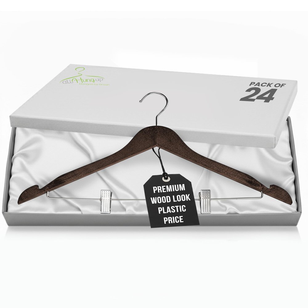 All Hung Up Hangers Wood Grain Premium Plastic Plastic Hanger with Clips - Space Saving Heavy Duty Non Slip Hangers (Mahogany,24)