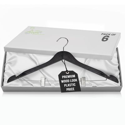All Hung Up Wood Grain Plastic Pants Hangers with Clips - Wood Look at Plastic Hanger Prices, Non-Slip Closet Hangers for Pants & Skirts, Black, 6 Pack
