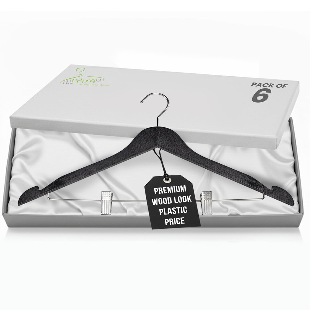 All Hung Up Wood Grain Plastic Pants Hangers with Clips - Wood Look at Plastic Hanger Prices, Non-Slip Closet Hangers for Pants & Skirts, Black, 6 Pack