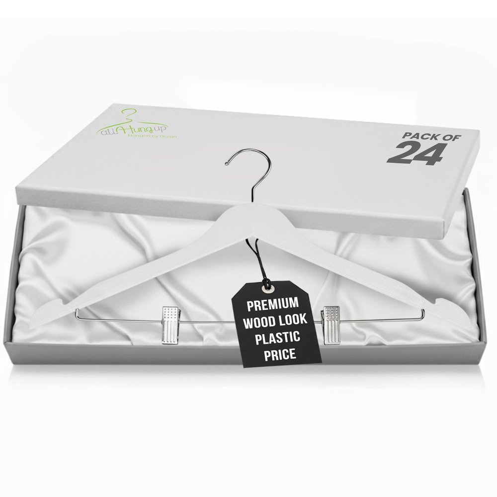 All Hung Up Hangers Wood Grain Premium Plastic Plastic Hanger with Clips - Space Saving Heavy Duty Non Slip Hangers (White, 24)
