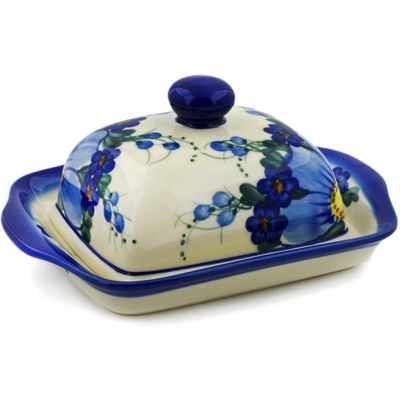 Polmedia Polish Pottery Butter Dish UNIKAT - Himalayan Blue Poppy Pattern Handmade in Boleslawiec Poland by Ceramika Bona + Certificate of Authenticity